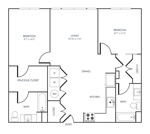 Floor plan for 2 beds, 2 baths, 1001 sqft